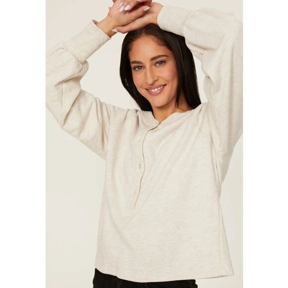 FIFTEEN TWENTY Henley Sweatshirt Women Small French Terry Heather Ivory USA - Picture 1 of 14